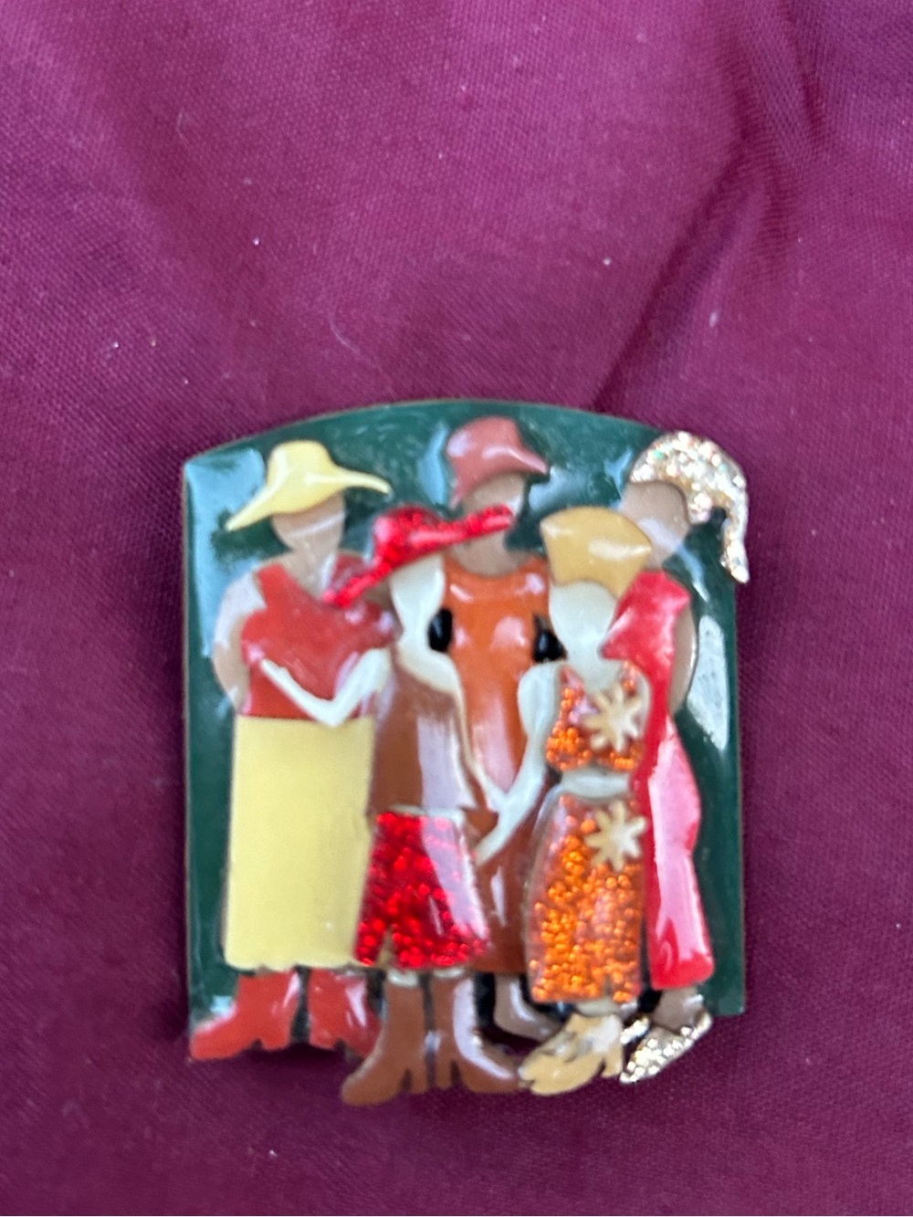 Designs By Lucinda Vintage artisan brooch  "Woman Pins” Green Background
